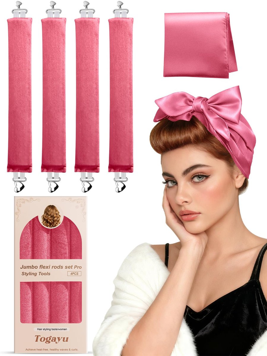 Togayu Heatless Curls Overnight Set - 4PCS Jumbo Velvet Hair Rollers for Sleep, No-Damage Flexi Rods for Beautiful Effortless Curls and Waves for Women (Pink) Avelisse