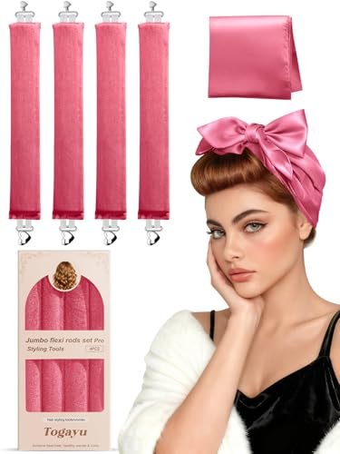 Togayu Heatless Curls Overnight Set - 4PCS Jumbo Velvet Hair Rollers for Sleep, No-Damage Flexi Rods for Beautiful Effortless Curls and Waves for Women (Pink) Avelisse