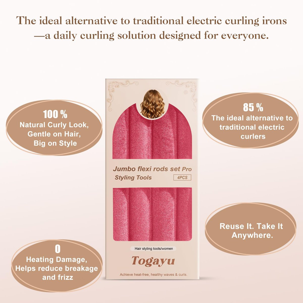 Togayu Heatless Curls Overnight Set - 4PCS Jumbo Velvet Hair Rollers for Sleep, No-Damage Flexi Rods for Beautiful Effortless Curls and Waves for Women (Pink) Avelisse