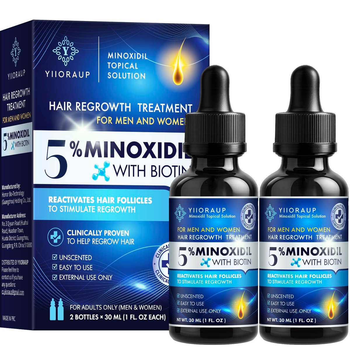 Extra Strength 5% Minoxidil Hair Growth Treatment for Men and Women – Topical Solution with Biotin for Receding Hairlines & Vertex Thinning (2-Pack, 1 Fl Oz Each) Avelisse