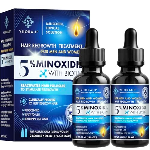 Extra Strength 5% Minoxidil Hair Growth Treatment for Men and Women – Topical Solution with Biotin for Receding Hairlines & Vertex Thinning (2-Pack, 1 Fl Oz Each) Avelisse
