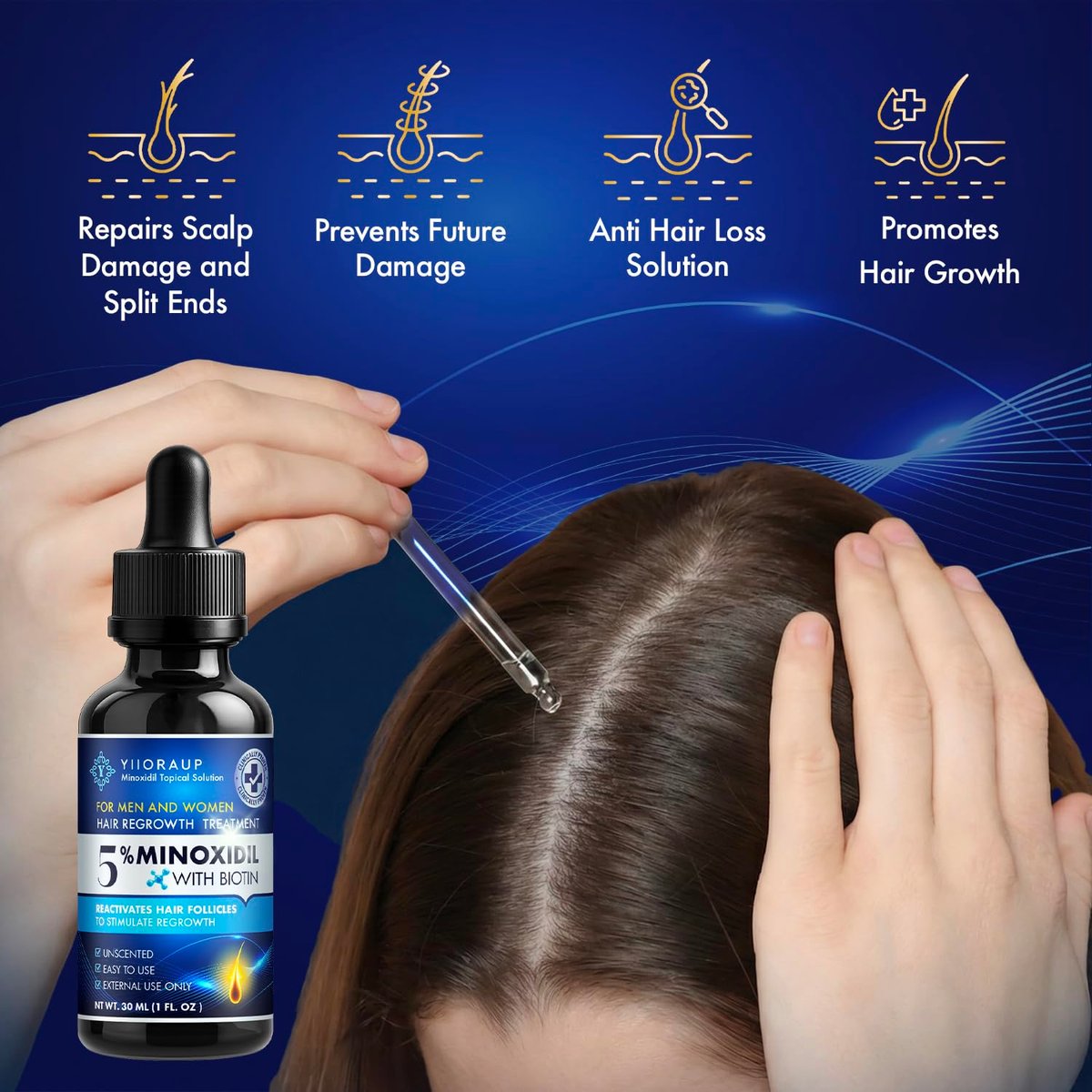 Extra Strength 5% Minoxidil Hair Growth Treatment for Men and Women – Topical Solution with Biotin for Receding Hairlines & Vertex Thinning (2-Pack, 1 Fl Oz Each) Avelisse