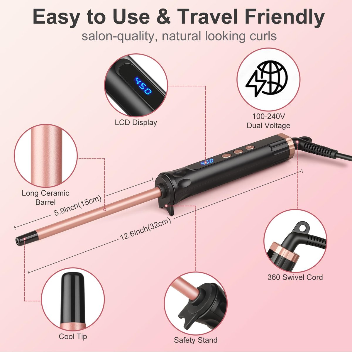 YEGUBEGU 3/8 Inch Curling Iron Wand for Short Hair, Mini Ceramic Barrel Curler for Tight Springy Curls, 9mm Small Curling Iron with Adjustable Temperature (Rose Gold) Avelisse
