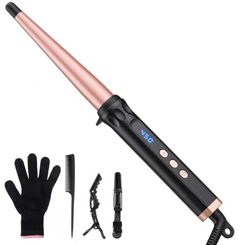 YEGUBEGU Tapered Curling Wand Iron 0.5 to 1 Inch - Tourmaline Ceramic Long Barrel Hair Curler for Long, Short, Medium Hair - Dual Voltage, Adjustable Temperature, Auto Shut-Off with Heat Glove Avelisse