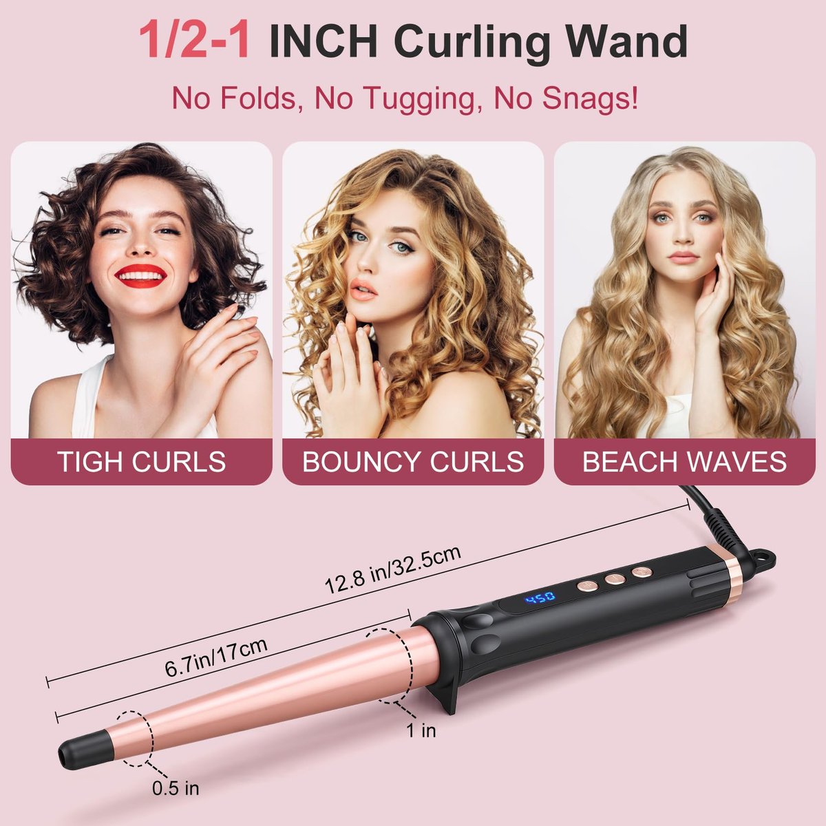 YEGUBEGU Tapered Curling Wand Iron 0.5 to 1 Inch - Tourmaline Ceramic Long Barrel Hair Curler for Long, Short, Medium Hair - Dual Voltage, Adjustable Temperature, Auto Shut-Off with Heat Glove Avelisse