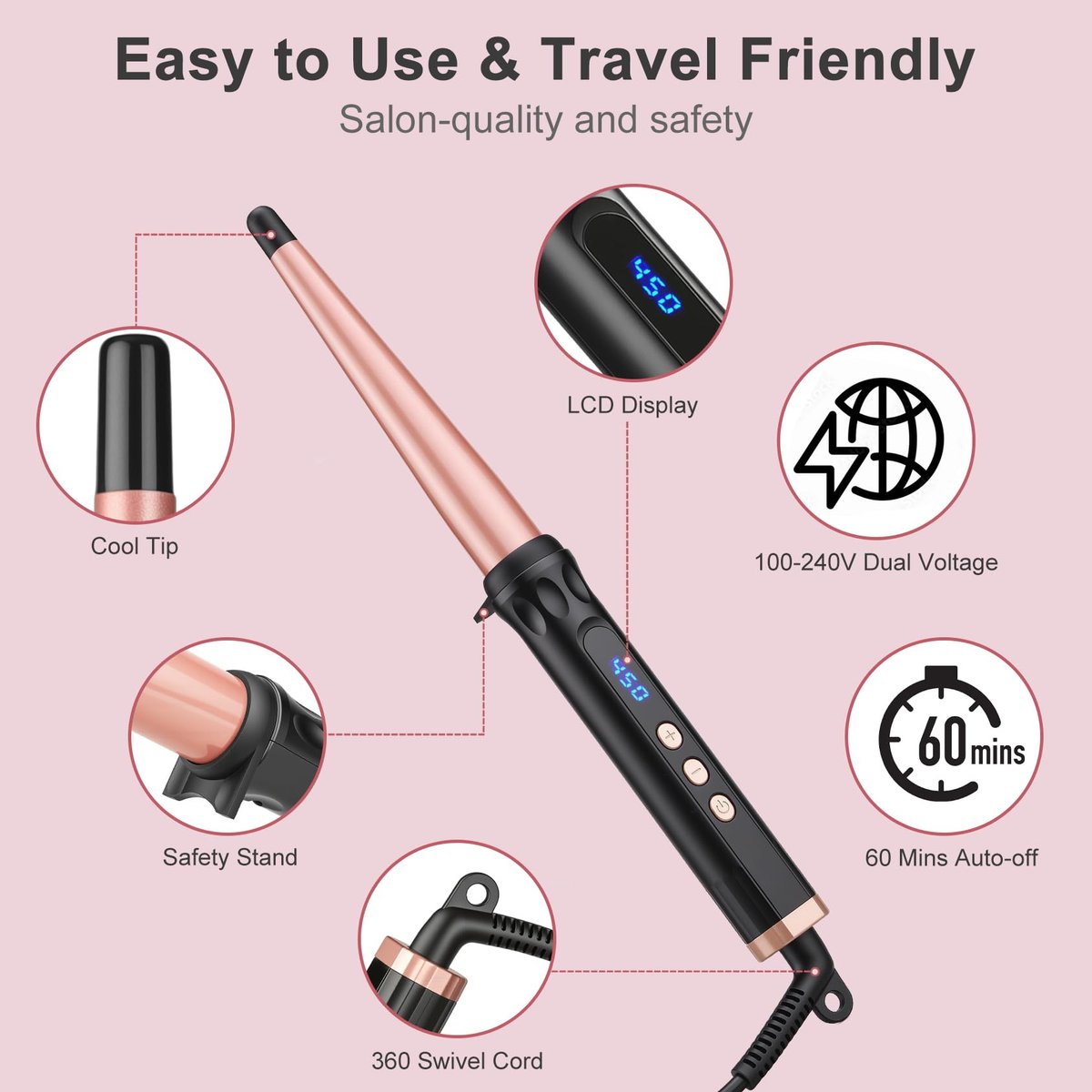YEGUBEGU Tapered Curling Wand Iron 0.5 to 1 Inch - Tourmaline Ceramic Long Barrel Hair Curler for Long, Short, Medium Hair - Dual Voltage, Adjustable Temperature, Auto Shut-Off with Heat Glove Avelisse