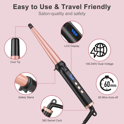 YEGUBEGU Tapered Curling Wand Iron 0.5 to 1 Inch - Tourmaline Ceramic Long Barrel Hair Curler for Long, Short, Medium Hair - Dual Voltage, Adjustable Temperature, Auto Shut-Off with Heat Glove Avelisse