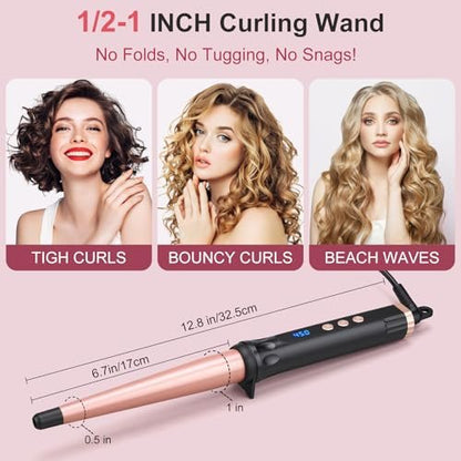 YEGUBEGU Tapered Curling Wand Iron 0.5 to 1 Inch - Tourmaline Ceramic Long Barrel Hair Curler for Long, Short, Medium Hair - Dual Voltage, Adjustable Temperature, Auto Shut-Off with Heat Glove Avelisse