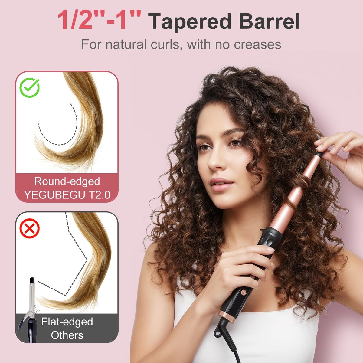 YEGUBEGU Tapered Curling Wand Iron 0.5 to 1 Inch - Tourmaline Ceramic Long Barrel Hair Curler for Long, Short, Medium Hair - Dual Voltage, Adjustable Temperature, Auto Shut-Off with Heat Glove Avelisse