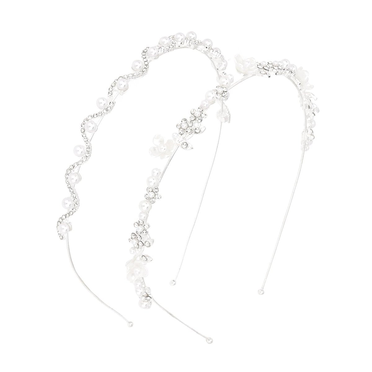 Hotalisona Wedding Bridal Headband Hair Accessories – Silver Rhinestone Bride Pearl Sparkly Handmade Leaves Flower Headband for Women (2-Pack) - görsel 1