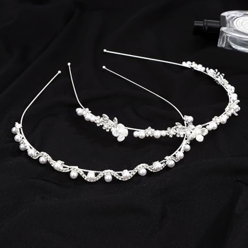 Hotalisona Wedding Bridal Headband Hair Accessories – Silver Rhinestone Bride Pearl Sparkly Handmade Leaves Flower Headband for Women (2-Pack) - görsel 4