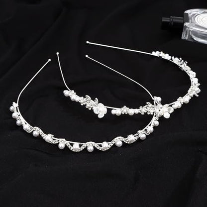 Hotalisona Wedding Bridal Headband Hair Accessories – Silver Rhinestone Bride Pearl Sparkly Handmade Leaves Flower Headband for Women (2-Pack)