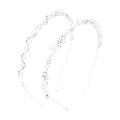 Hotalisona Wedding Bridal Headband Hair Accessories – Silver Rhinestone Bride Pearl Sparkly Handmade Leaves Flower Headband for Women (2-Pack)