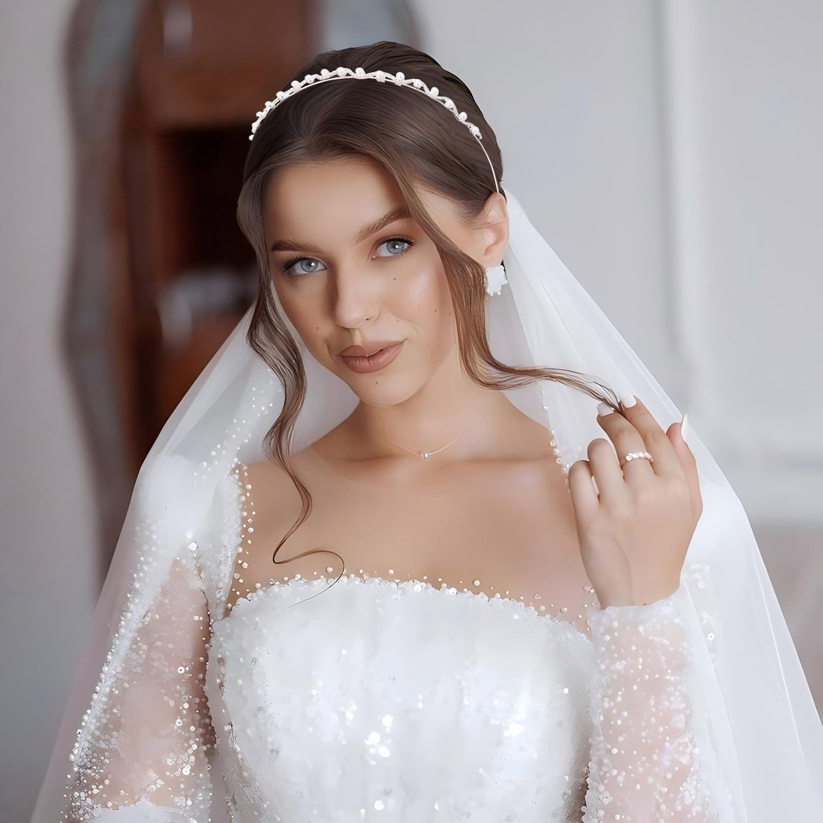 Hotalisona Wedding Bridal Headband Hair Accessories – Silver Rhinestone Bride Pearl Sparkly Handmade Leaves Flower Headband for Women (2-Pack) - görsel 11
