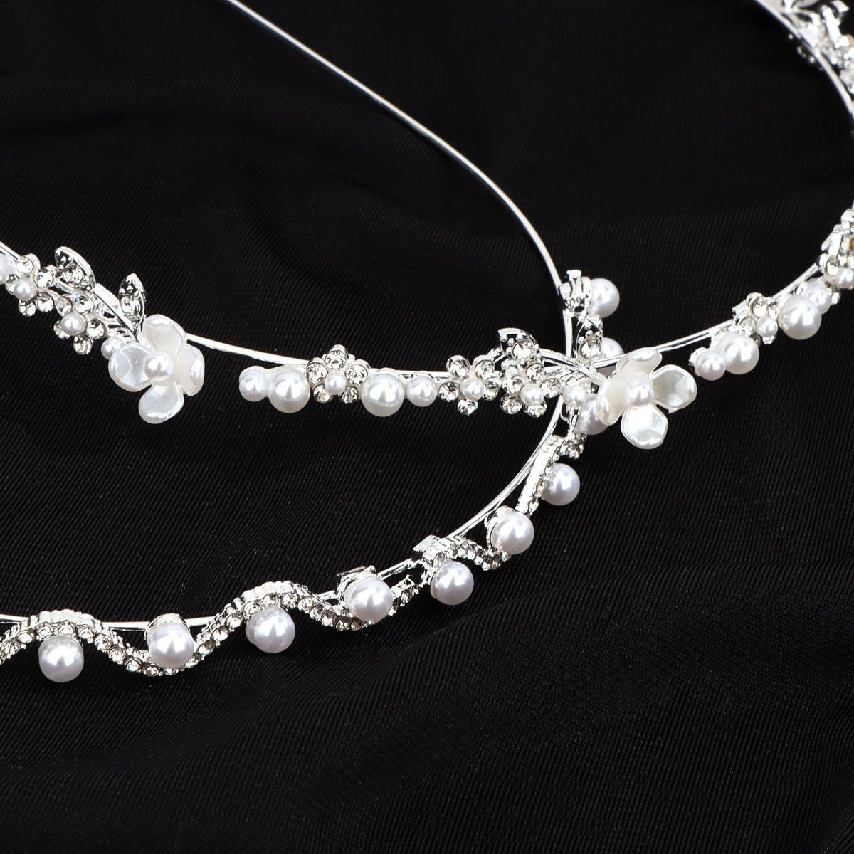 Hotalisona Wedding Bridal Headband Hair Accessories – Silver Rhinestone Bride Pearl Sparkly Handmade Leaves Flower Headband for Women (2-Pack) - görsel 5