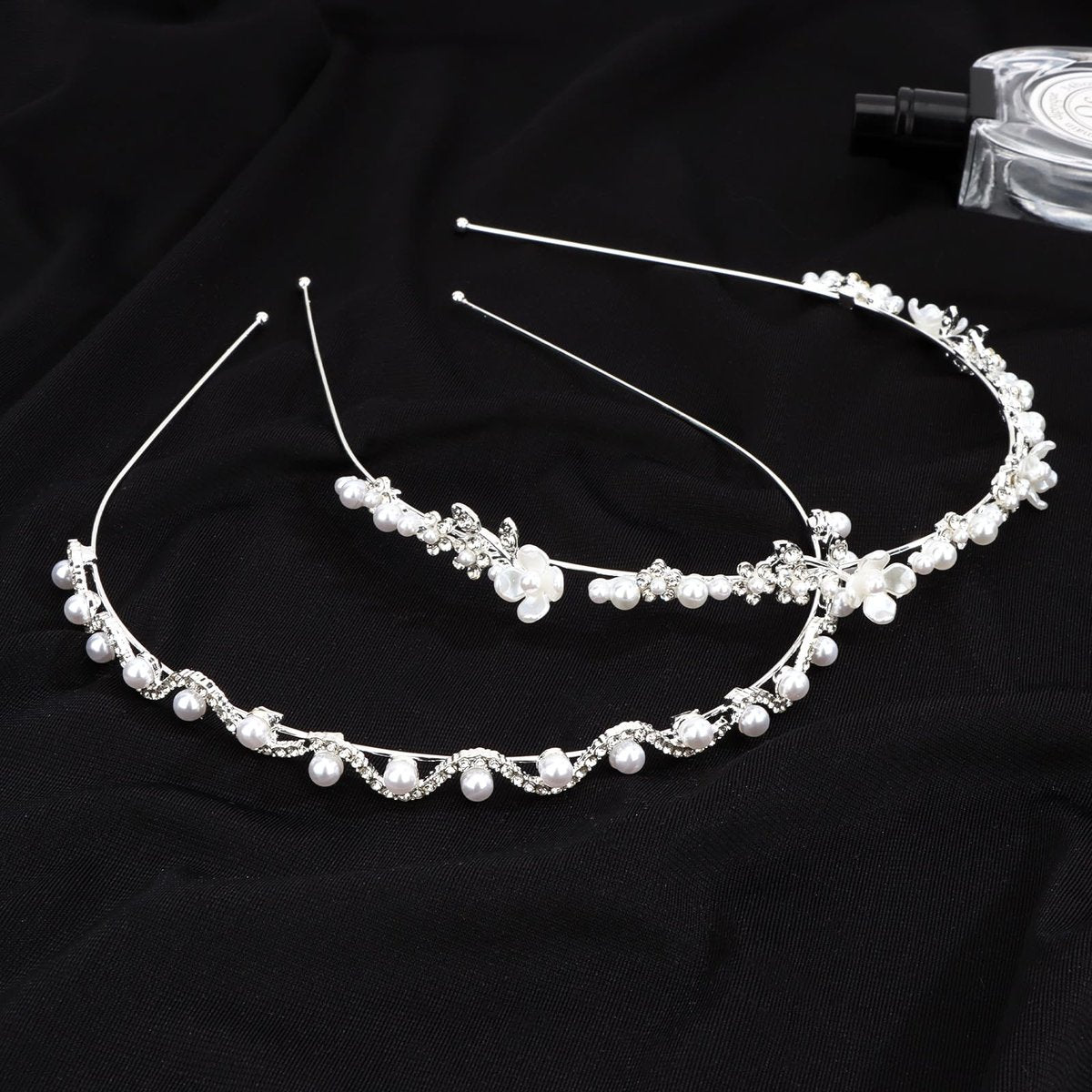 Hotalisona Wedding Bridal Headband Hair Accessories – Silver Rhinestone Bride Pearl Sparkly Handmade Leaves Flower Headband for Women (2-Pack) - görsel 3