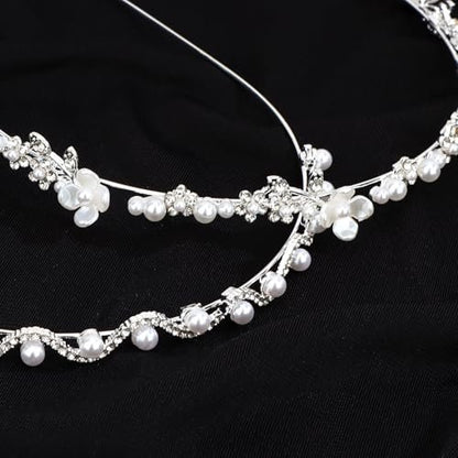 Hotalisona Wedding Bridal Headband Hair Accessories – Silver Rhinestone Bride Pearl Sparkly Handmade Leaves Flower Headband for Women (2-Pack)
