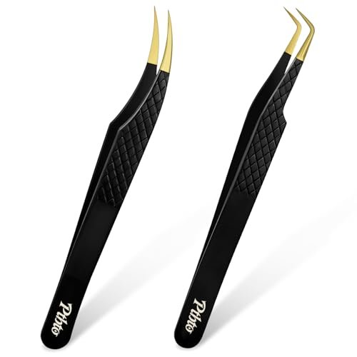 2 Pack Eyelash Extension Tweezers - Professional Pointed & Slanted Tweezers for Lash Lifting and Application, Premium Surgical Stainless Steel (Black) - görsel 2