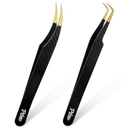 2 Pack Eyelash Extension Tweezers - Professional Pointed & Slanted Tweezers for Lash Lifting and Application, Premium Surgical Stainless Steel (Black)