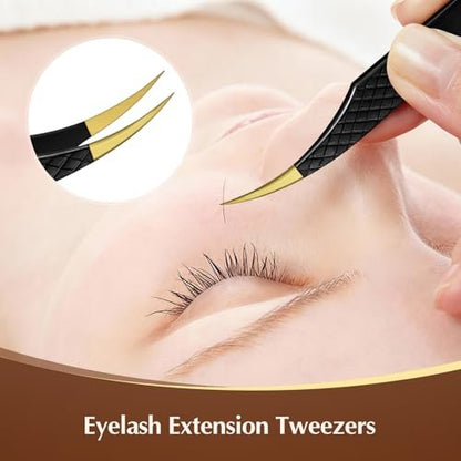 2 Pack Eyelash Extension Tweezers - Professional Pointed & Slanted Tweezers for Lash Lifting and Application, Premium Surgical Stainless Steel (Black)