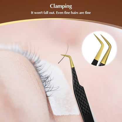 2 Pack Eyelash Extension Tweezers - Professional Pointed & Slanted Tweezers for Lash Lifting and Application, Premium Surgical Stainless Steel (Black)