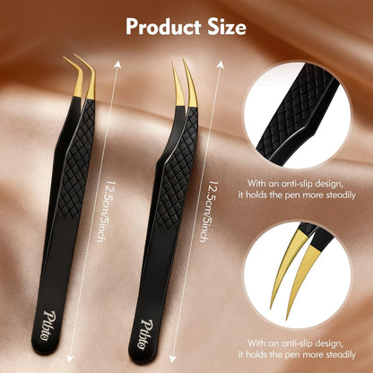 2 Pack Eyelash Extension Tweezers - Professional Pointed & Slanted Tweezers for Lash Lifting and Application, Premium Surgical Stainless Steel (Black)