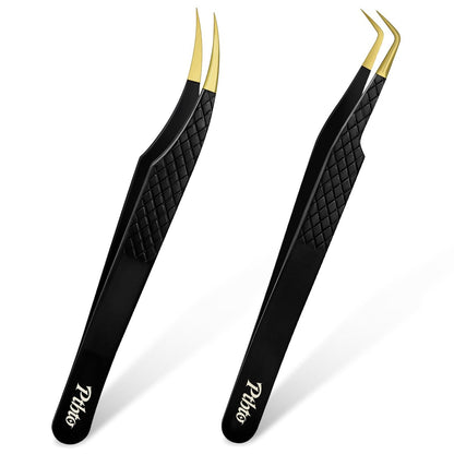 2 Pack Eyelash Extension Tweezers - Professional Pointed & Slanted Tweezers for Lash Lifting and Application, Premium Surgical Stainless Steel (Black)