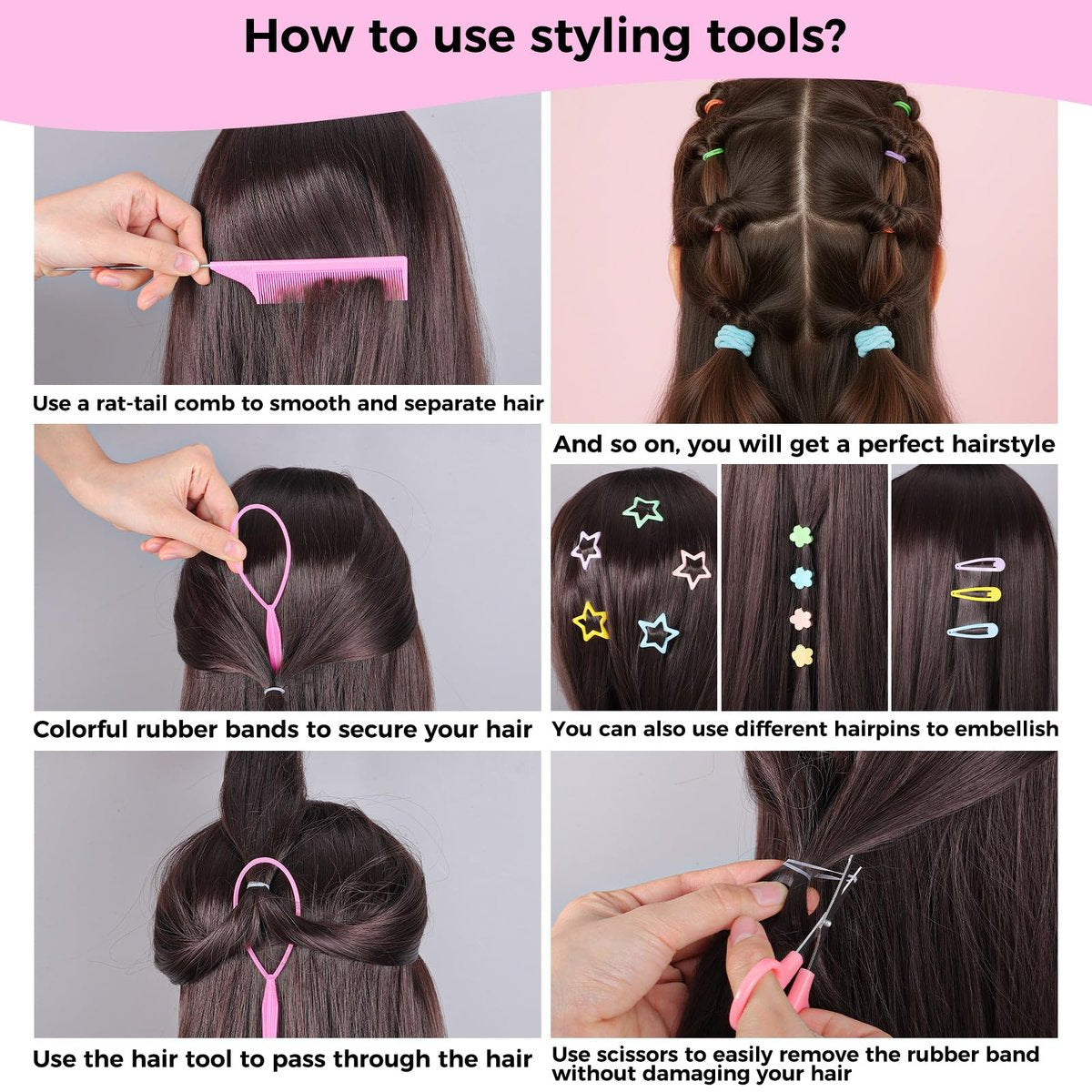 Colorful Rubber Bands Set - 2020Pcs Elastic Hair Ties with 5 Styling Tools & 40 Hair Clips for Girls, Women, and Mom - Obeoby - görsel 9