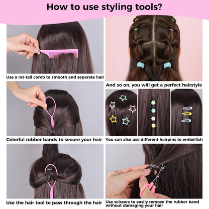 Colorful Rubber Bands Set - 2020Pcs Elastic Hair Ties with 5 Styling Tools & 40 Hair Clips for Girls, Women, and Mom - Obeoby