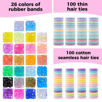 Colorful Rubber Bands Set - 2020Pcs Elastic Hair Ties with 5 Styling Tools & 40 Hair Clips for Girls, Women, and Mom - Obeoby