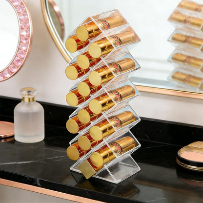 WECHENG Acrylic Lipstick Organizer - Clear Fish Shape Lip Gloss Tower, 16 Spaces Cosmetic Storage for Vanity Countertop