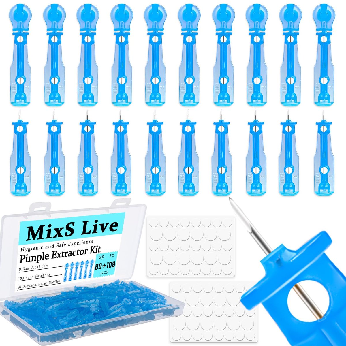 MixS Live Sterile Pimple Needle Kit - 80 Ultra-Fine Acne Needles + 108 Acne Pimple Stickers for Blackhead and Blemish Removal - Clear Skin Solution - görsel 1