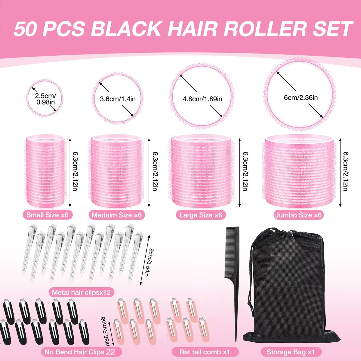 60 Pcs Hair Rollers Set for Women - Self Grip Rollers with Clips, 4 Sizes (60/48/36/25mm), Storage Bag & Comb Included - görsel 3
