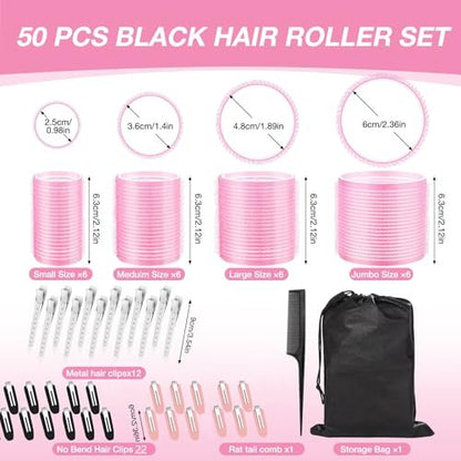 60 Pcs Hair Rollers Set for Women - Self Grip Rollers with Clips, 4 Sizes (60/48/36/25mm), Storage Bag & Comb Included