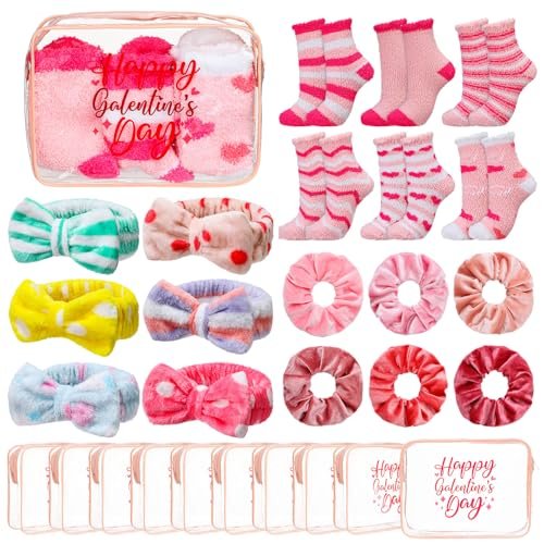 24 Pcs Galentine's Day Party Favors | Valentine Gifts for Women | BFF Gift Idea with Socks, Headband, Scrunchies | Pink & Red Bag for Friend Gathering - görsel 2
