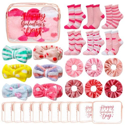 24 Pcs Galentine's Day Party Favors | Valentine Gifts for Women | BFF Gift Idea with Socks, Headband, Scrunchies | Pink & Red Bag for Friend Gathering