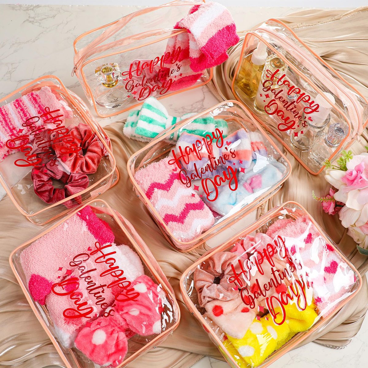 24 Pcs Galentine's Day Party Favors | Valentine Gifts for Women | BFF Gift Idea with Socks, Headband, Scrunchies | Pink & Red Bag for Friend Gathering - görsel 3