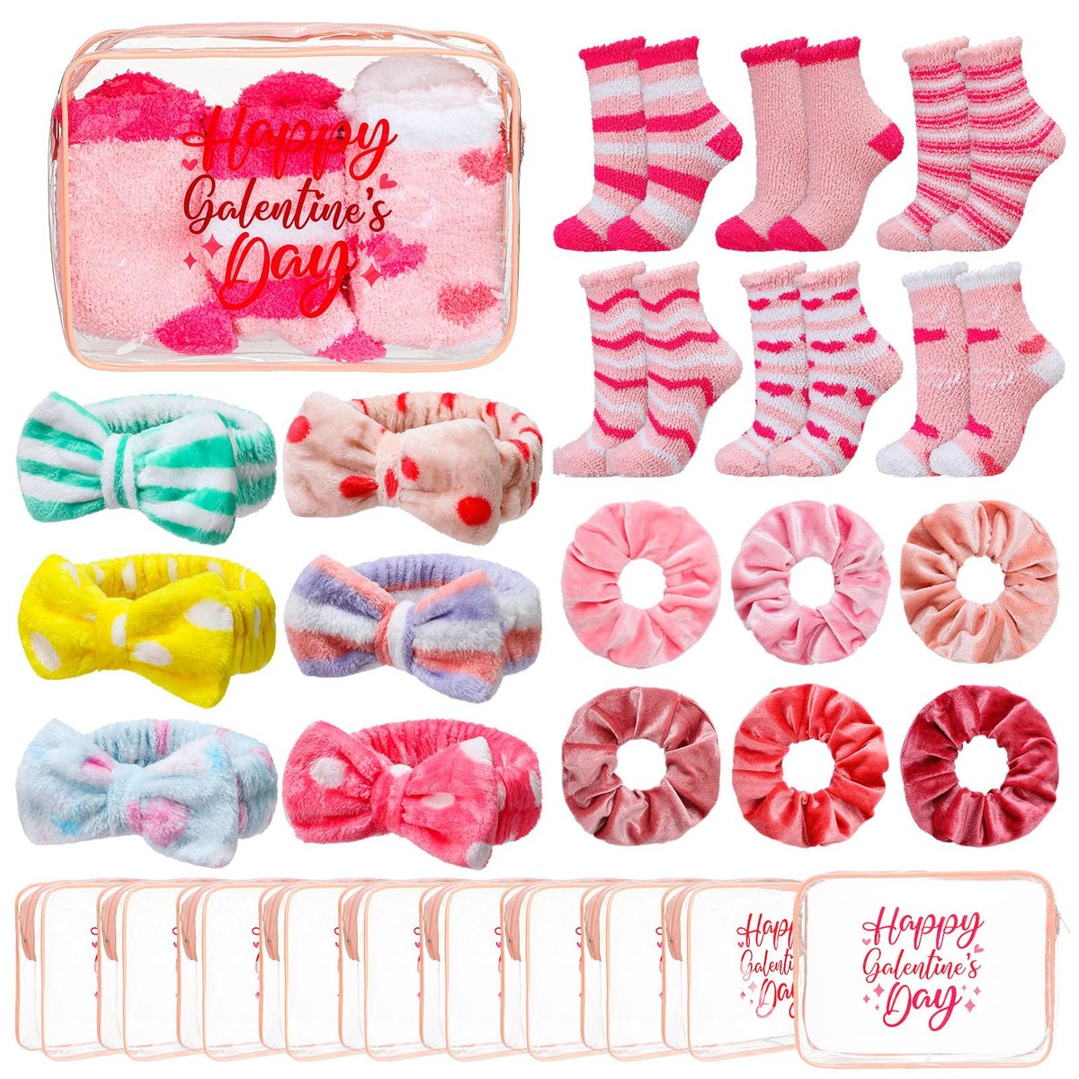 24 Pcs Galentine's Day Party Favors | Valentine Gifts for Women | BFF Gift Idea with Socks, Headband, Scrunchies | Pink & Red Bag for Friend Gathering - görsel 1