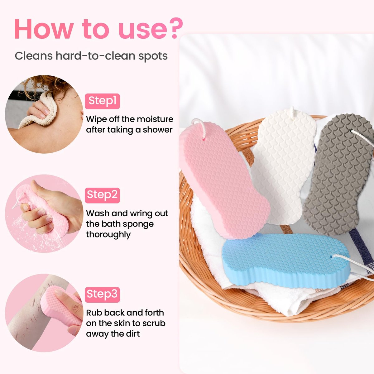 4 PCS Magic Exfoliating Bath Sponge – 3D Super Soft Body Scrubber for Dead Skin Removal, Reusable & Skin Friendly for Men & Women - görsel 7