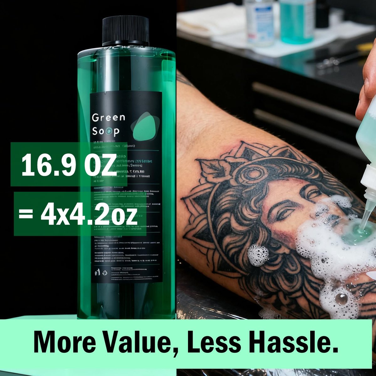 Urknall 16.9oz Green Soap Tattoo Kit with 8oz Squeeze Bottle - Ultra Concentrated Gentle Vegan Formula for Tattooing & Piercing Care Avelisse