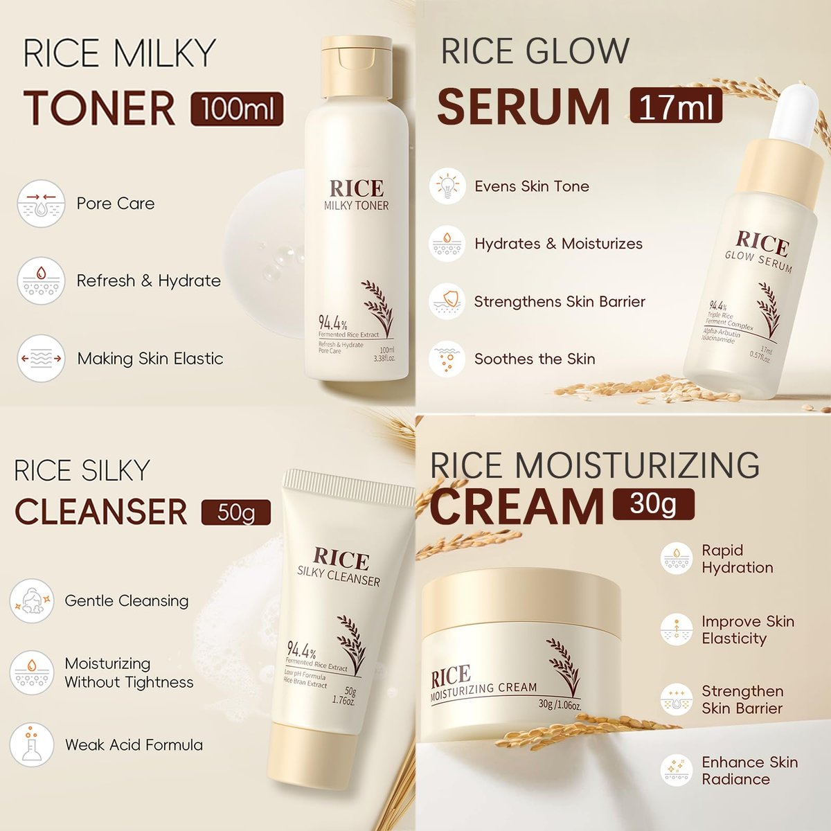Rice Skincare Set for Teen Girl Gifts Birthday - Hydrating Skin Care Routine Kit for Teens 10-12 - Facial Kit with Cleanser & Serum - EONFAVE Avelisse