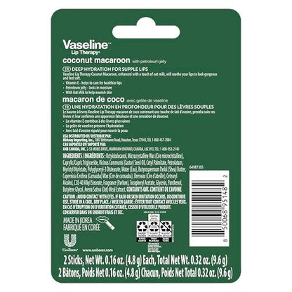 Vaseline Lip Therapy Holiday Edition Coconut Macaroon - 2 Pack with 4 Sticks, 0.16 oz Each, Refreshing Hydration with Petroleum Jelly