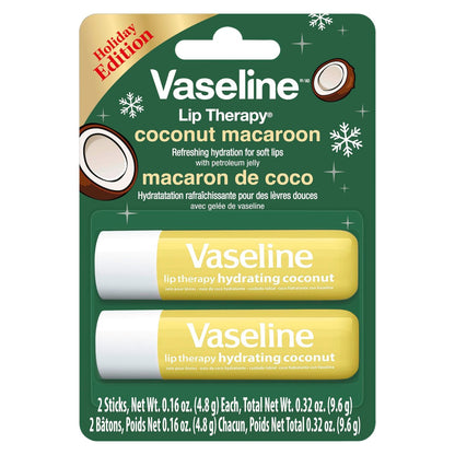 Vaseline Lip Therapy Holiday Edition Coconut Macaroon - 2 Pack with 4 Sticks, 0.16 oz Each, Refreshing Hydration with Petroleum Jelly