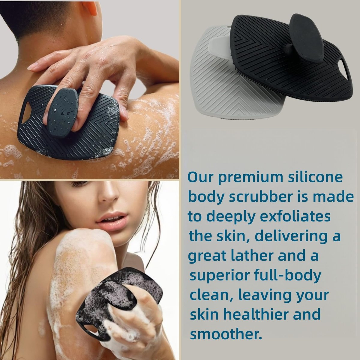 2 Pack Silicone Body Scrubber - Highly Elastic Bristles Handheld Brush for Shower, Gentle Exfoliating for Smooth Skin, Black and Gray - görsel 9
