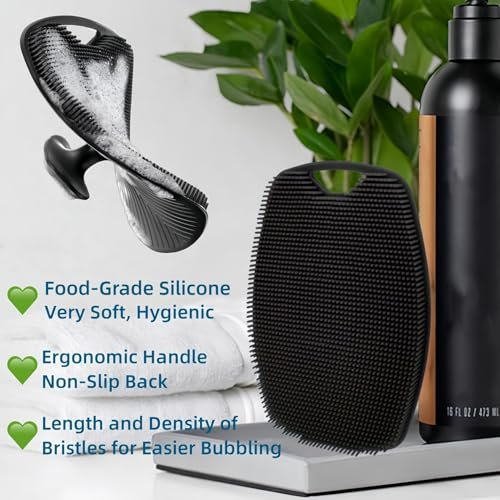 2 Pack Silicone Body Scrubber - Highly Elastic Bristles Handheld Brush for Shower, Gentle Exfoliating for Smooth Skin, Black and Gray - görsel 4