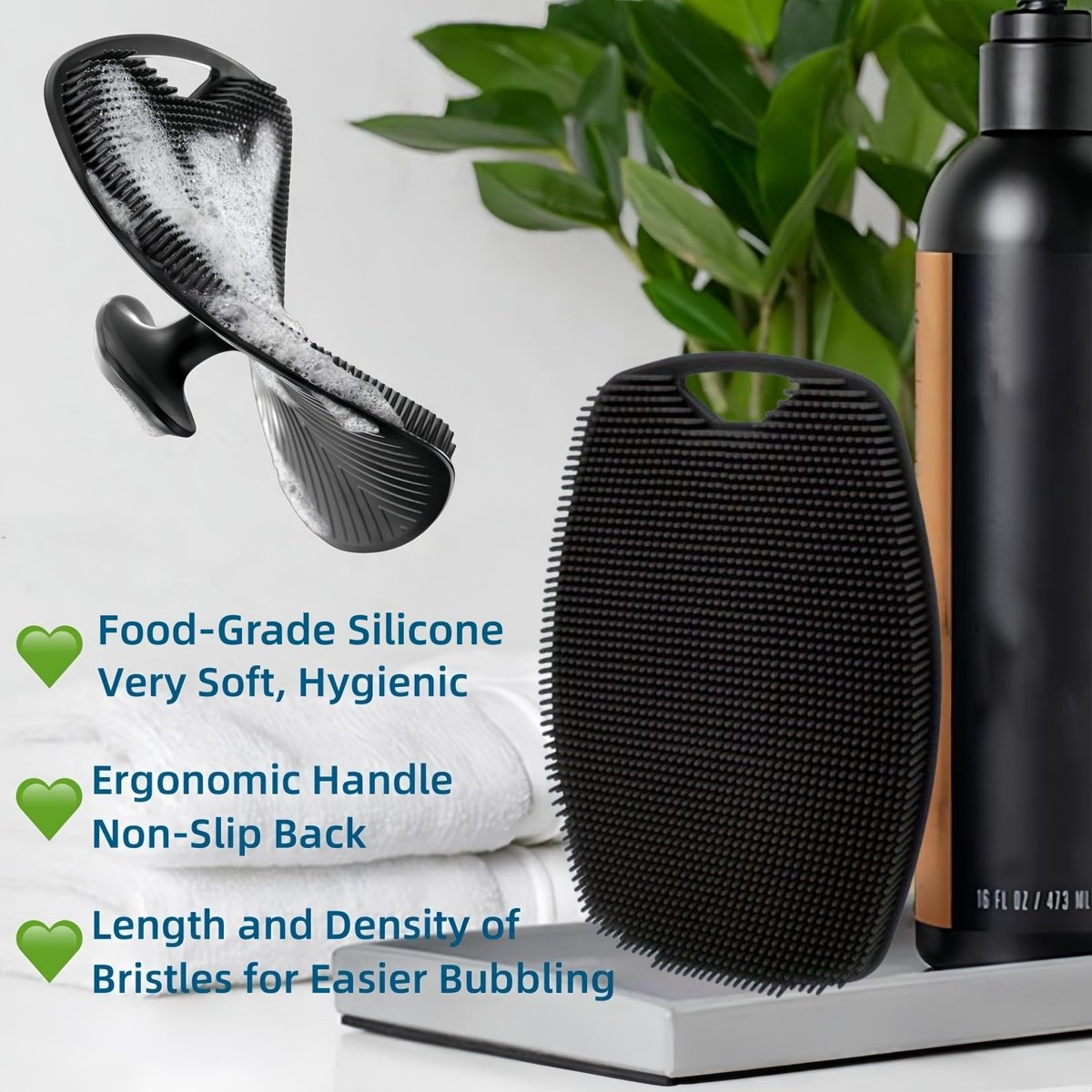 2 Pack Silicone Body Scrubber - Highly Elastic Bristles Handheld Brush for Shower, Gentle Exfoliating for Smooth Skin, Black and Gray - görsel 3