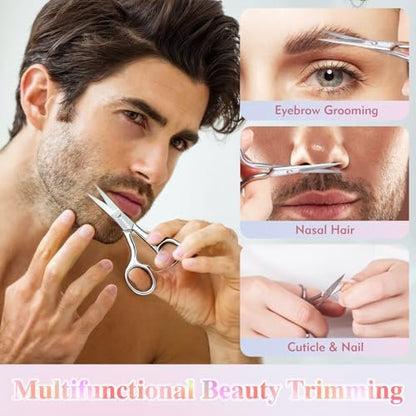 ZASZO 3.8 Inch Silver Eyebrow Scissors - Stainless Steel Small Scissors for Personal Care, Professional Grooming for Eyebrows, Mustache & Beard Hair Trimming