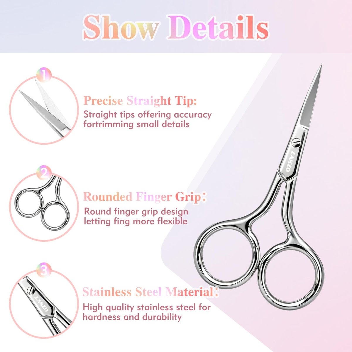 ZASZO 3.8 Inch Silver Eyebrow Scissors - Stainless Steel Small Scissors for Personal Care, Professional Grooming for Eyebrows, Mustache & Beard Hair Trimming - görsel 13