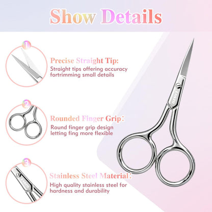 ZASZO 3.8 Inch Silver Eyebrow Scissors - Stainless Steel Small Scissors for Personal Care, Professional Grooming for Eyebrows, Mustache & Beard Hair Trimming