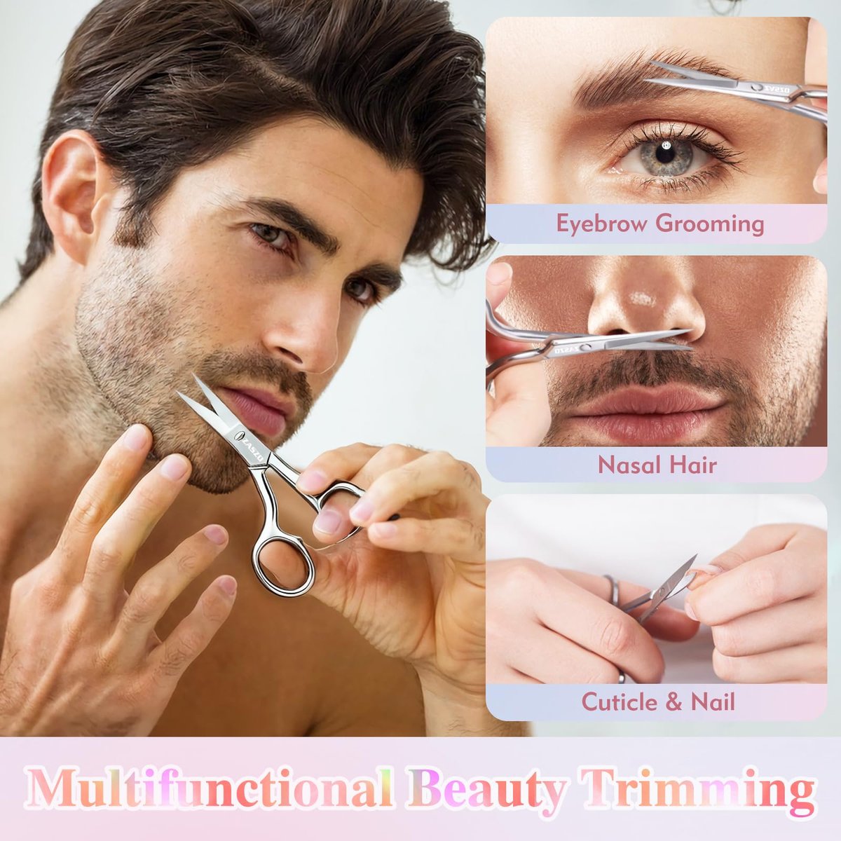 ZASZO 3.8 Inch Silver Eyebrow Scissors - Stainless Steel Small Scissors for Personal Care, Professional Grooming for Eyebrows, Mustache & Beard Hair Trimming - görsel 7